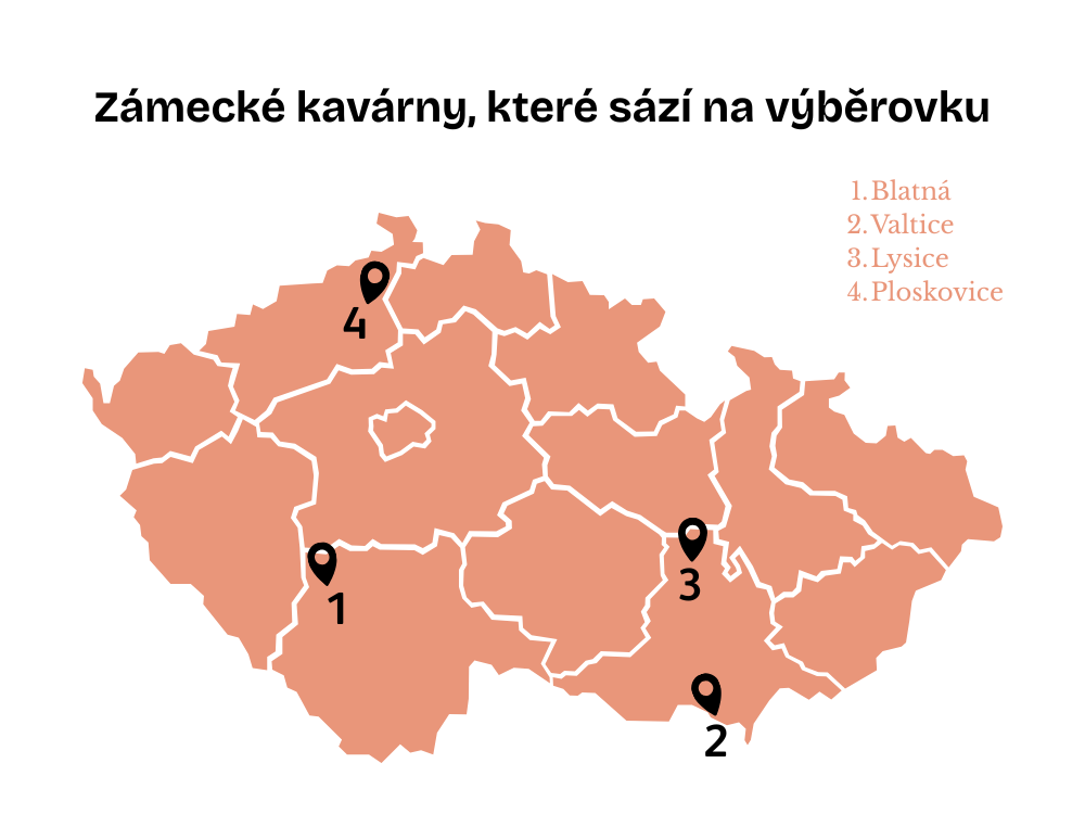 Mapa české republiky a piny, které ukazují rozmístění českých zámků zmíněných v článku.