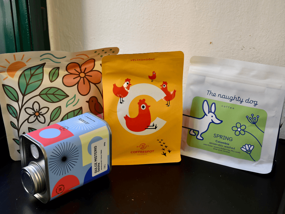 Obaly pražíren Jedno kafe, The naughtydog, Coffeespot a Mia coffee.